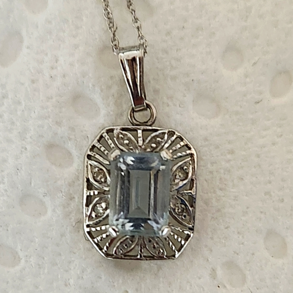 14k Aquamarine and Sapphire White Necklace - Pendant is 14k chain=10k white gold